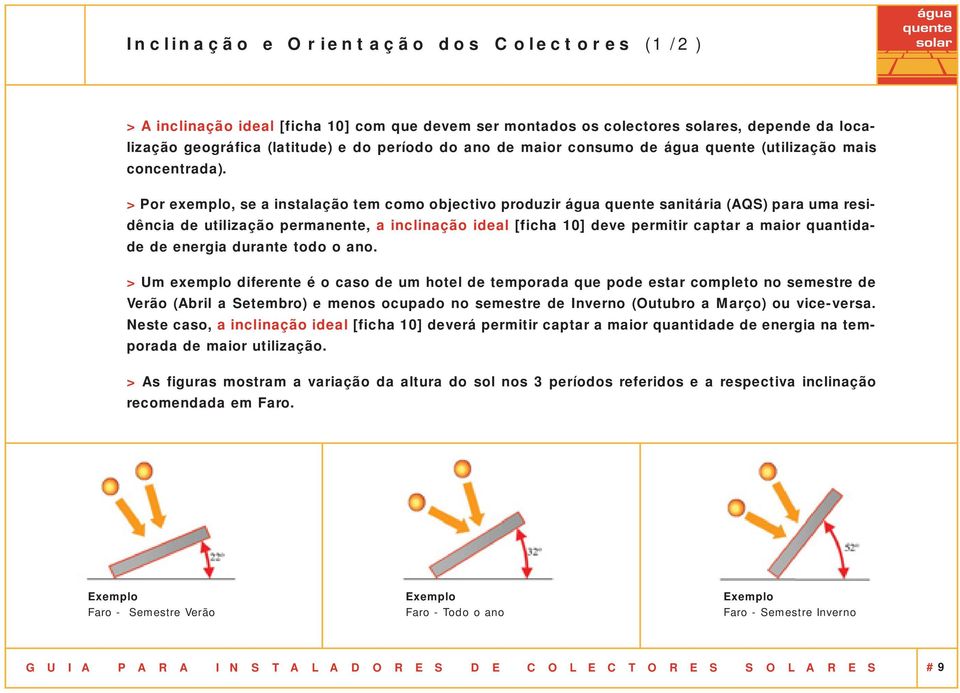 > Por exemplo, se a instalação tem como objectivo produzir água quente sanitária (AQS) para uma residência de utilização permanente, a inclinação ideal [ficha 10] deve permitir captar a maior