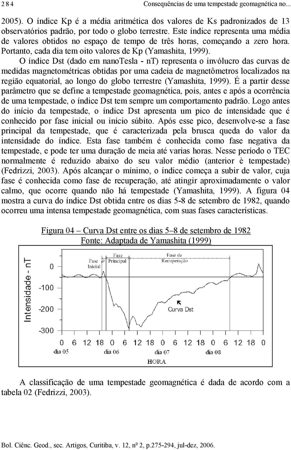O índice Dst (dado em nanotesla - nt) representa o invólucro das curvas de medidas magnetométricas obtidas por uma cadeia de magnetômetros localizados na região equatorial, ao longo do globo