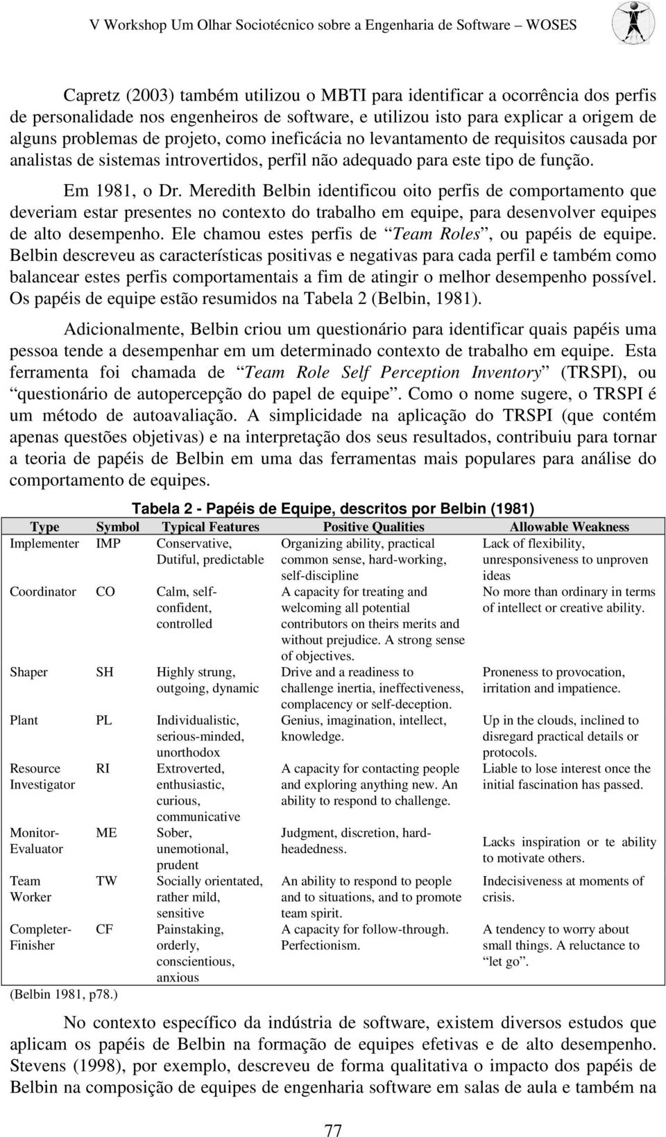 Meredith Belbin identificou oito perfis de comportamento que deveriam estar presentes no contexto do trabalho em equipe, para desenvolver equipes de alto desempenho.