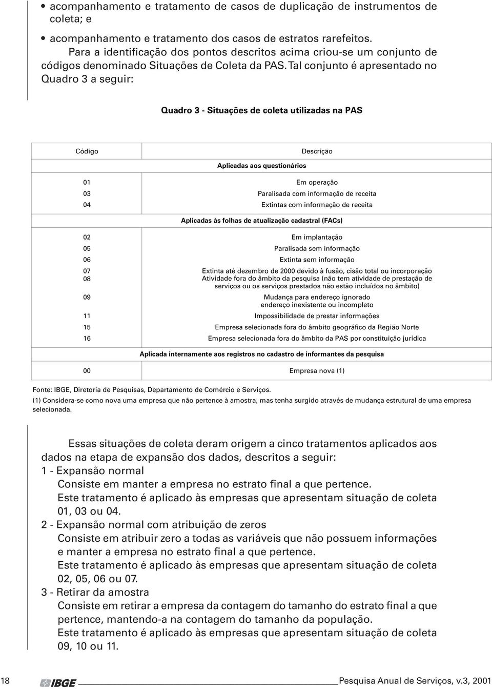 Tal conjunto é aprsntado no Quadro 3 a sguir: Quadro 3 - Situaçõs d colta utilizadas na PAS Código Dscrição Aplicadas aos qustionários 01 Em opração 03 Paralisada com informação d rcita 04 Extintas