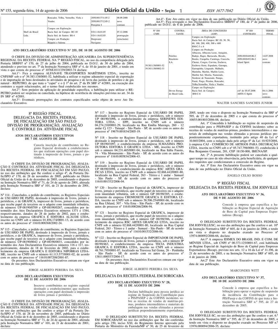 05 prorrogação Campos em Produção: Deepwater (reinclusão) Bijupirá e Salema Navigator EXECUTIVO 255, DE 0 DE AGOSTO DE 2006 O CHEFE DA DIVISÃO DE ADMINISTRAÇÃO ADUANEIRA DA SUPERINTENDÊNCIA REGIONAL