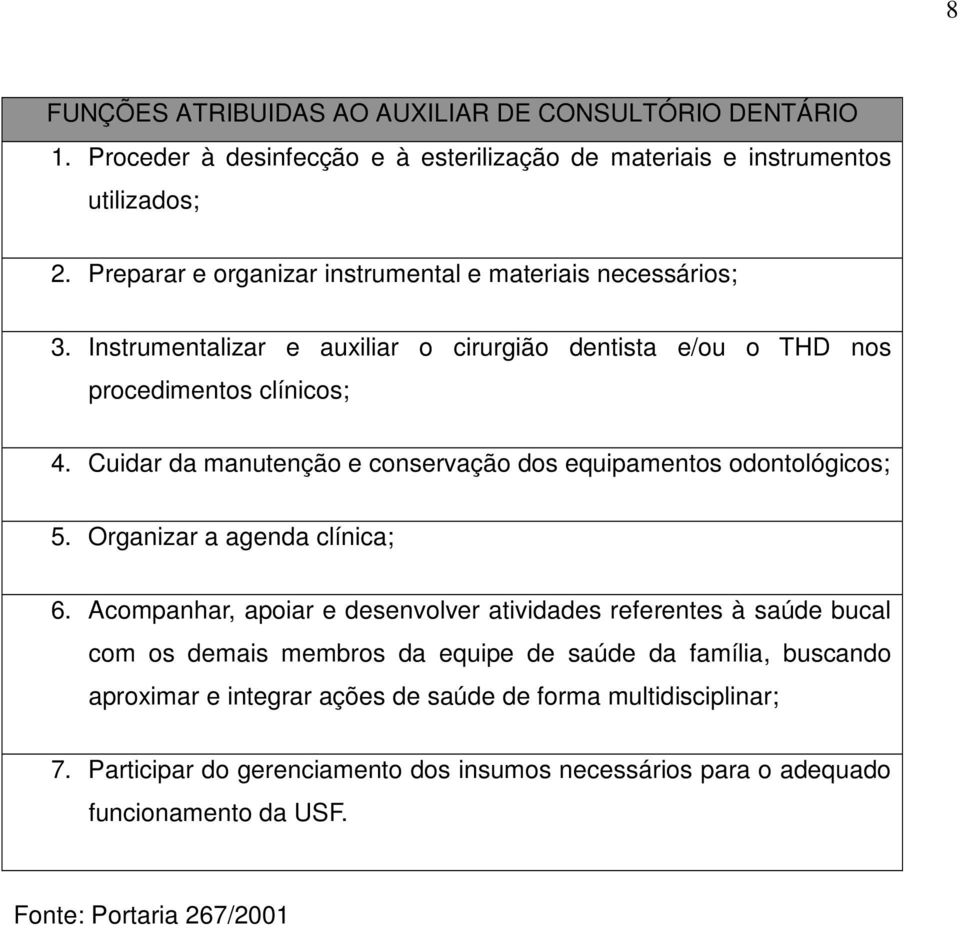 Cuidar da manutenção e conservação dos equipamentos odontológicos; 5. Organizar a agenda clínica; 6.