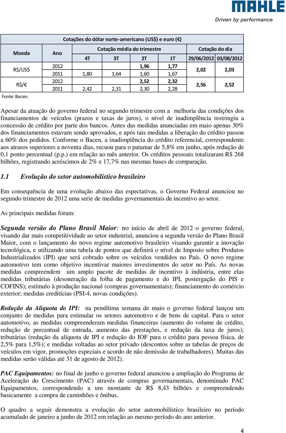 2,30 1,67 2,28 2,02 2,56 2,03 2,52 Apesar da atuação do governo federal no segundo trimestre com a melhoria das condições dos financiamentos de veículos (prazos e taxas de juros), o nível de