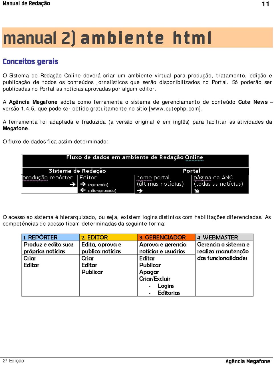 A Agência Megafone adota como ferramenta o sistema de gerenciamento de conteúdo Cute News versão 1.4.5, que pode ser obtido gratuitamente no sítio [www.cutephp.com].