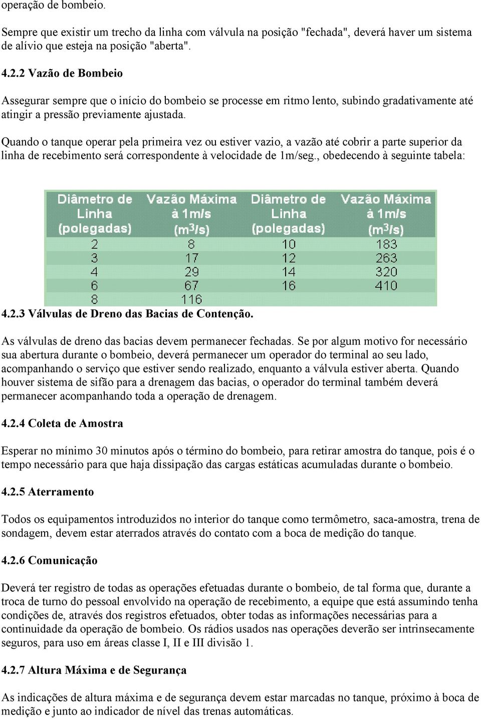 Quando o tanque operar pela primeira vez ou estiver vazio, a vazão até cobrir a parte superior da linha de recebimento será correspondente à velocidade de 1m/seg., obedecendo à seguinte tabela: 4.2.