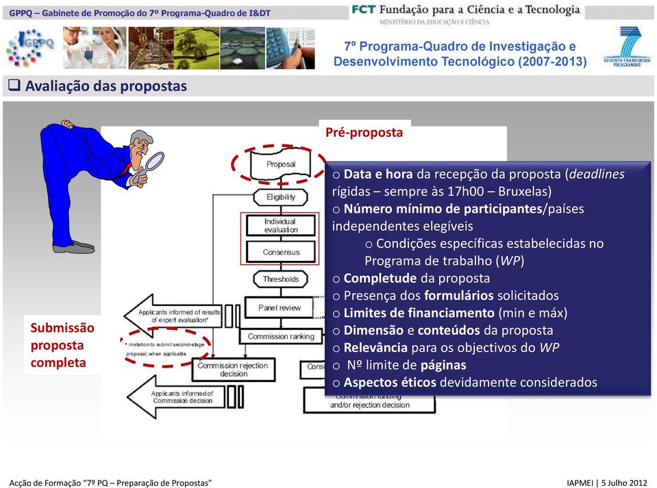 Programa de trabalho (WP) ocompletudeda proposta o Presença dos formulários solicitados o Limites de financiamento (min e máx) o