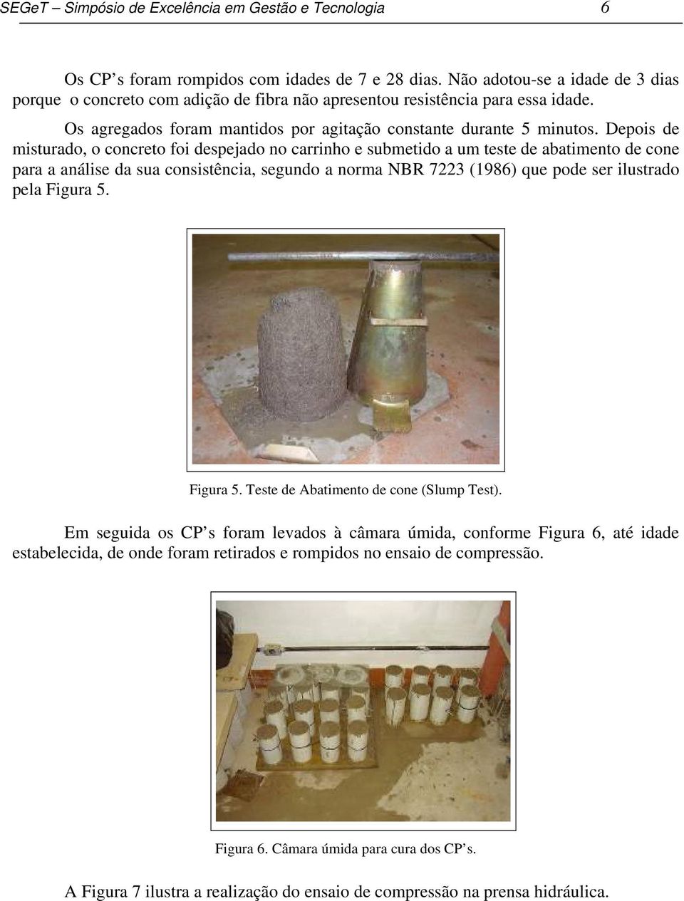 Depois de misturado, o concreto foi despejado no carrinho e submetido a um teste de abatimento de cone para a análise da sua consistência, segundo a norma NBR 7223 (1986) que pode ser ilustrado pela