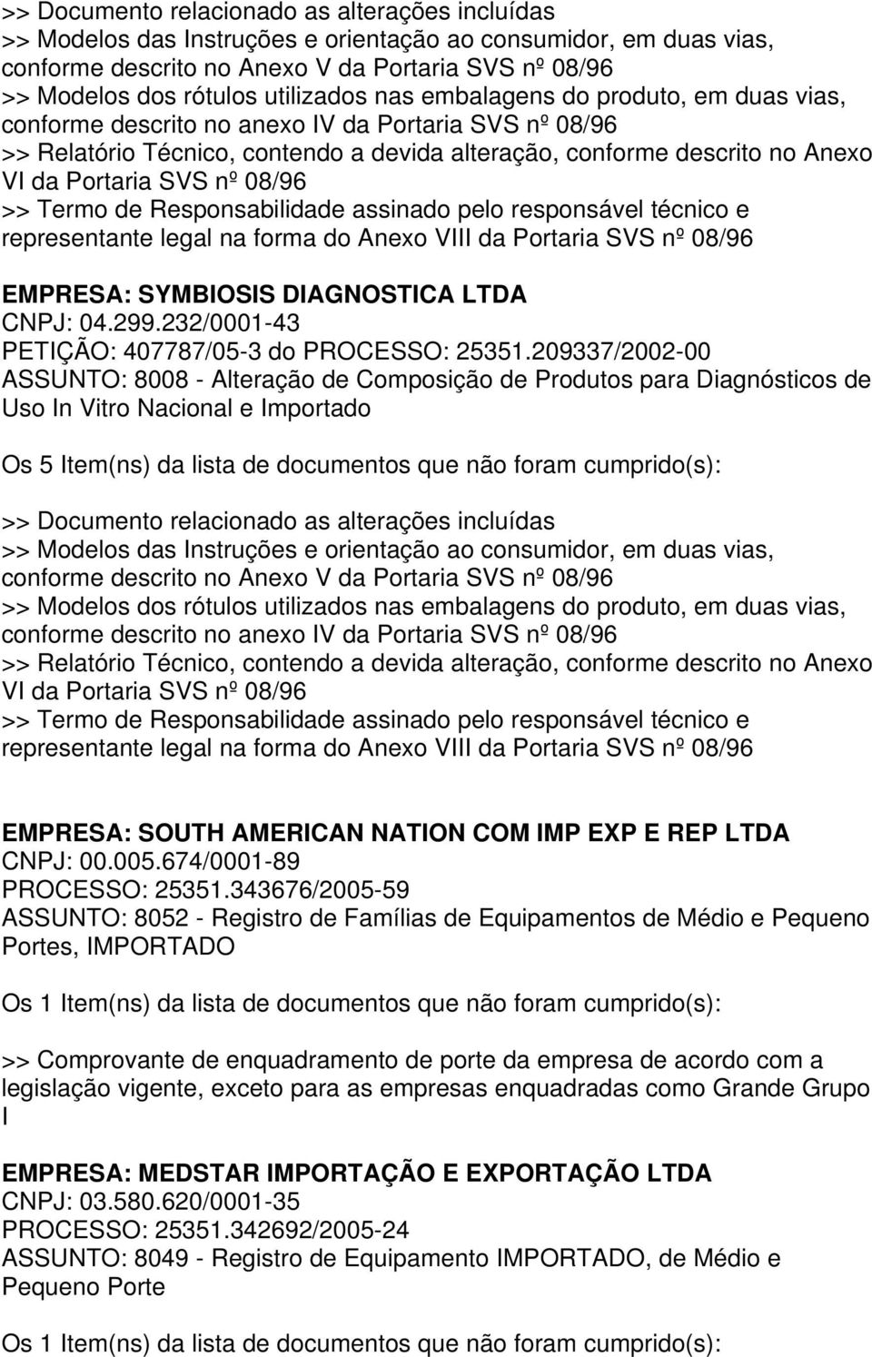 SVS nº 08/96 >> Termo de Responsabilidade assinado pelo responsável técnico e representante legal na forma do Anexo VIII da Portaria SVS nº 08/96 EMPRESA: SYMBIOSIS DIAGNOSTICA LTDA CNPJ: 04.299.