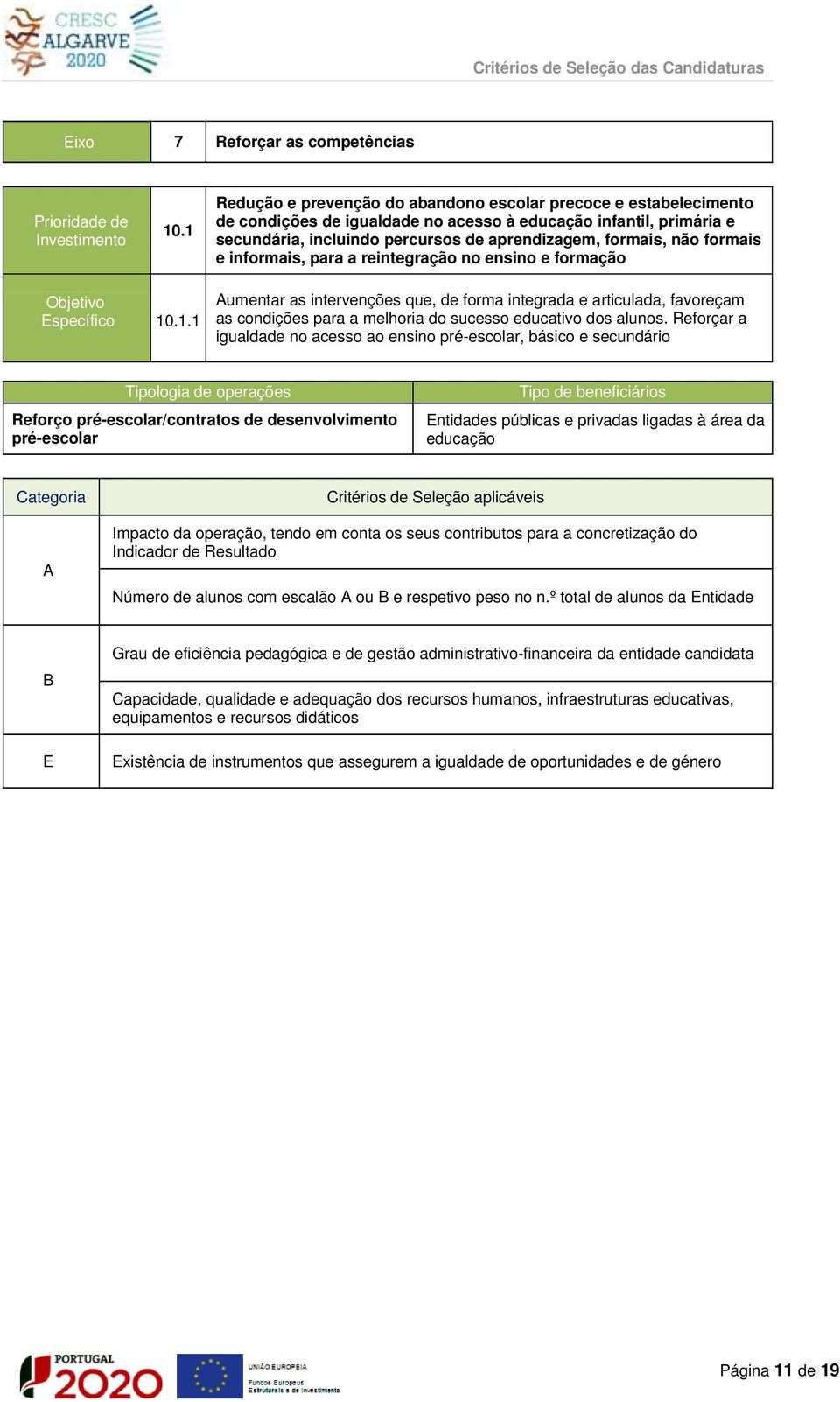 formais e informais, para a reintegração no ensino e formação specífico 10