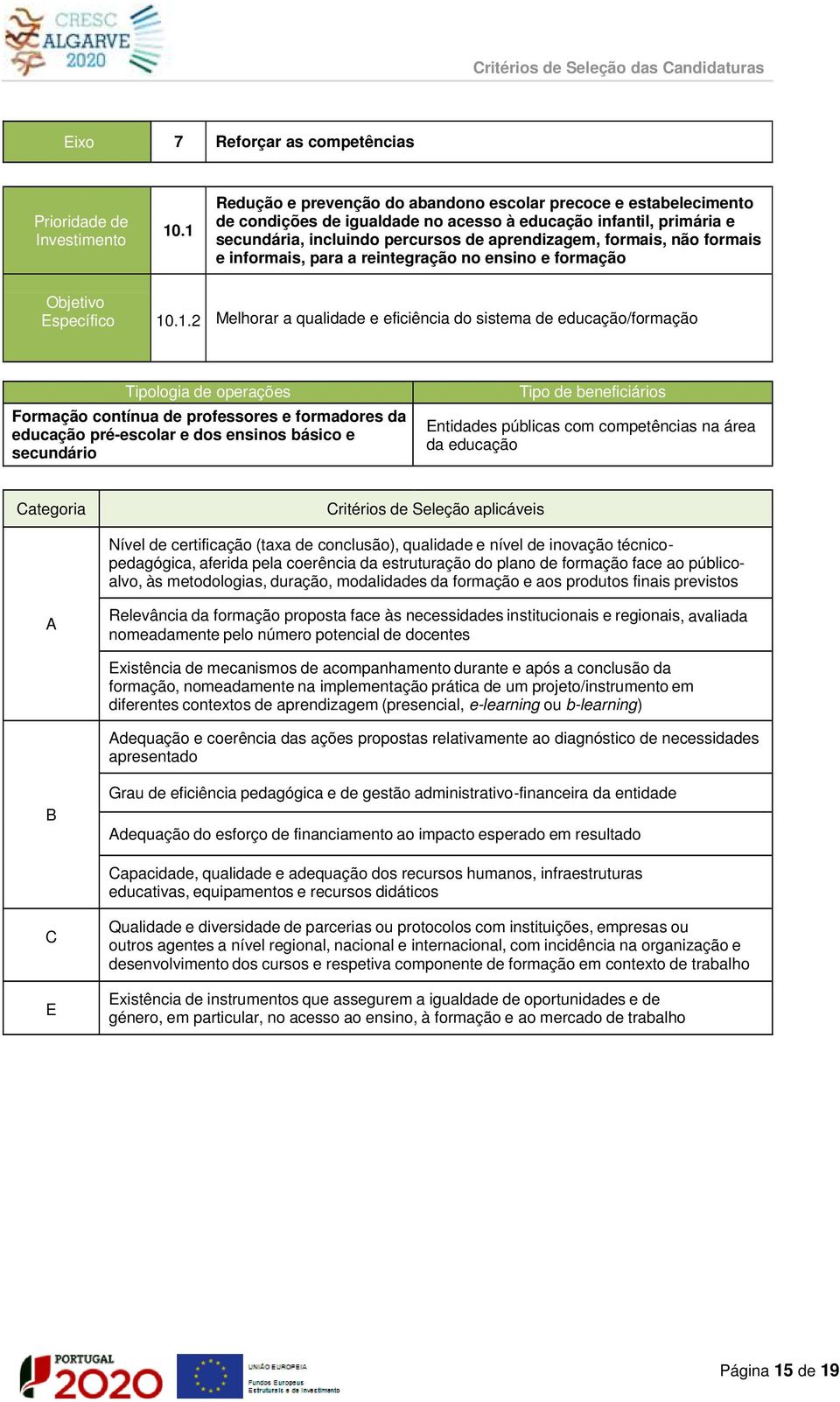 formais e informais, para a reintegração no ensino e formação specífico 10