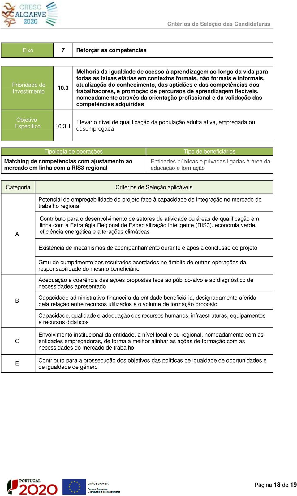 competências dos trabalhadores, e promoção de percursos de aprendizagem flexíveis, nomeadamente através da orientação profissional e da validação das competências adquiridas specífico 10.3.