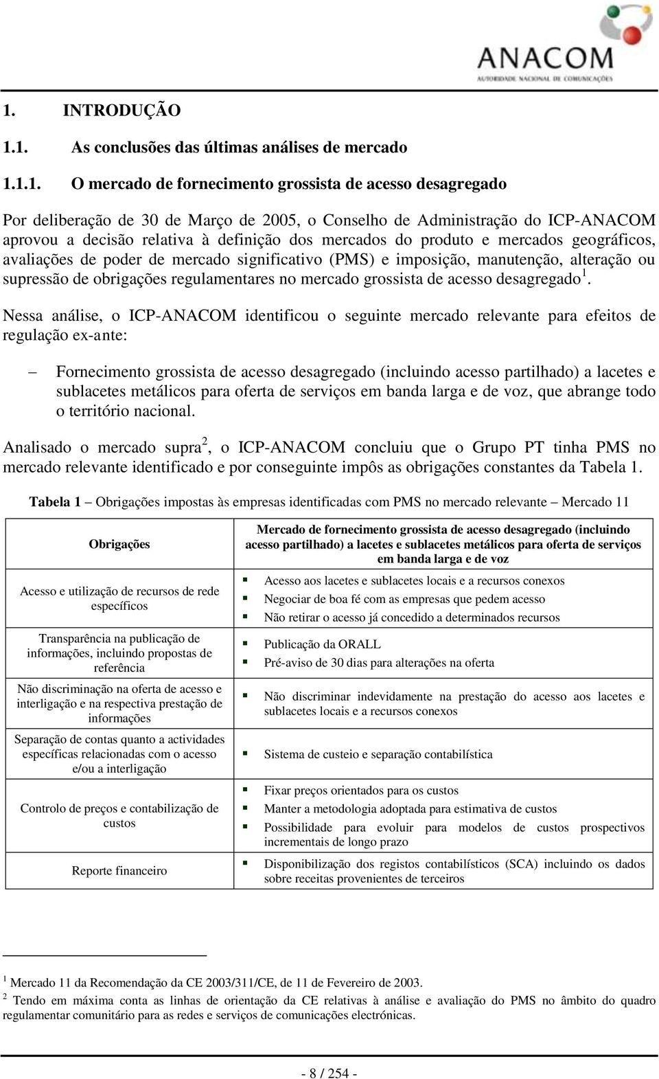 de obrigações regulamentares no mercado grossista de acesso desagregado 1.