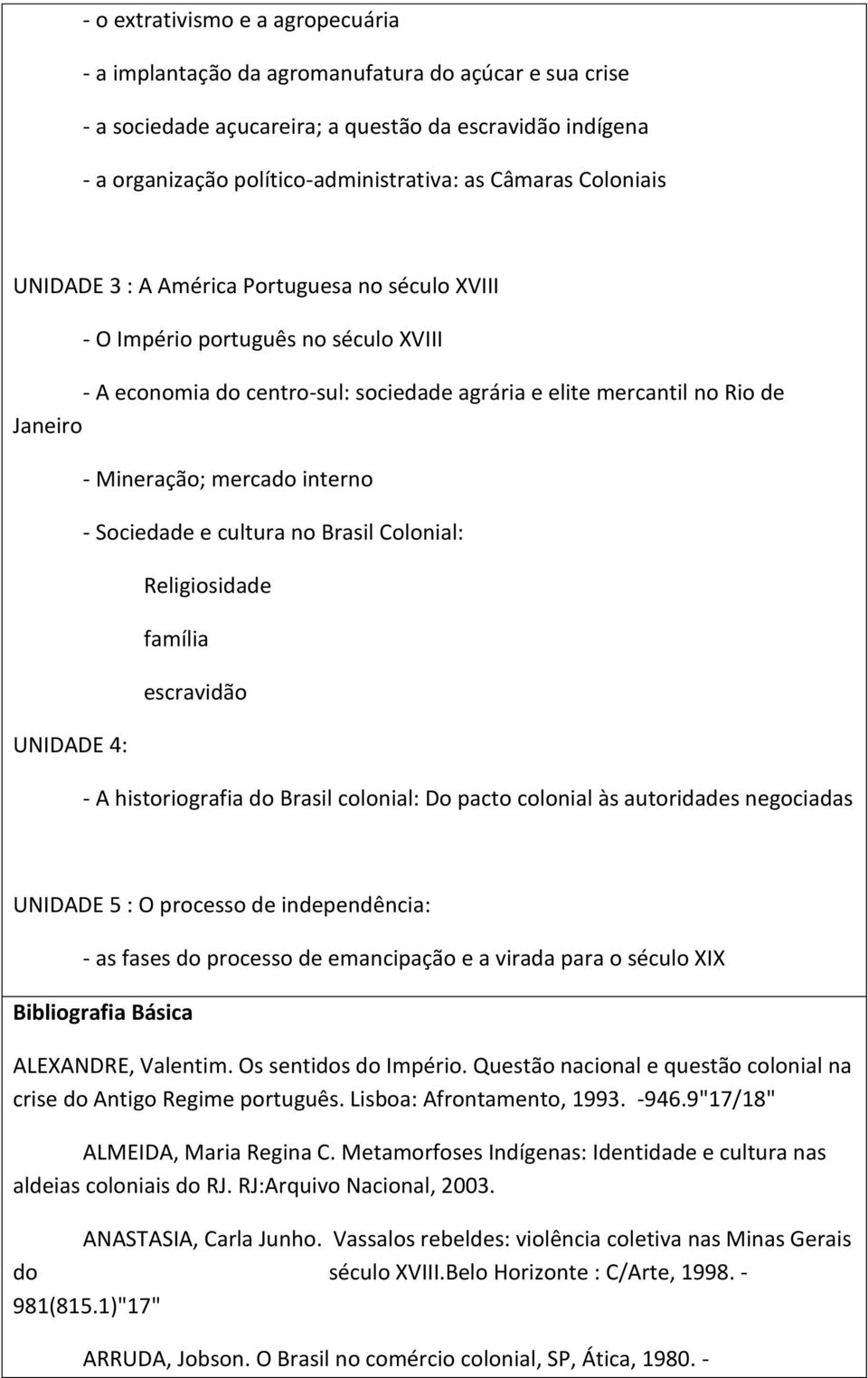 Mineração; mercado interno - Sociedade e cultura no Brasil Colonial: Religiosidade família escravidão - A historiografia do Brasil colonial: Do pacto colonial às autoridades negociadas UNIDADE 5 : O