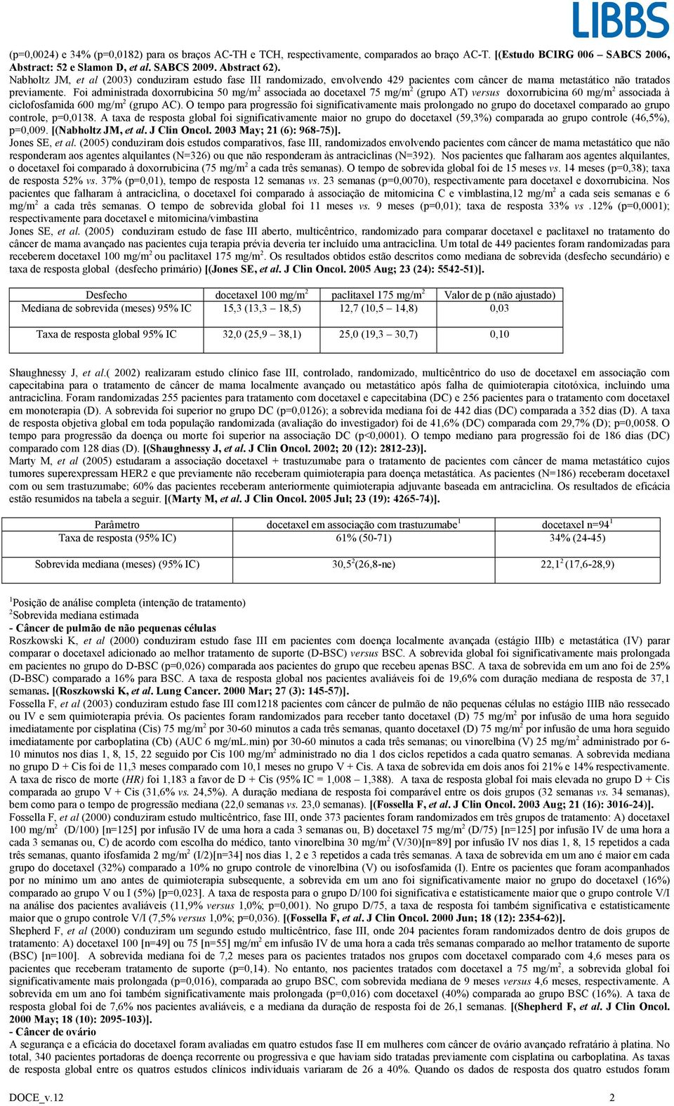 Foi administrada doxorrubicina 50 mg/m 2 associada ao docetaxel 75 mg/m 2 (grupo AT) versus doxorrubicina 60 mg/m 2 associada à ciclofosfamida 600 mg/m 2 (grupo AC).