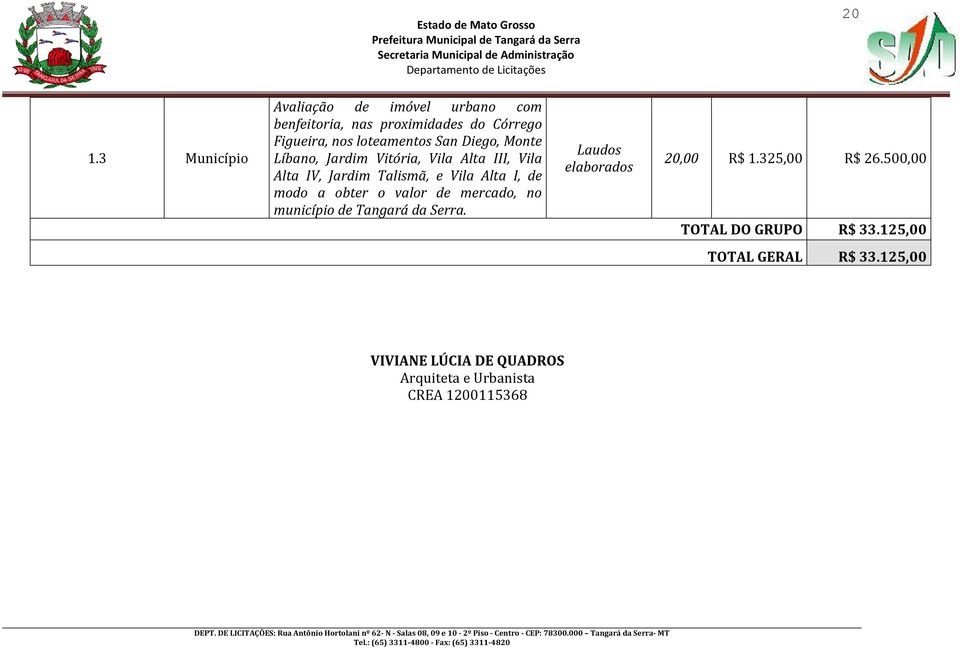 de modo a obter o valor de mercado, no município de Tangará da Serra. Laudos elaborados 20,00 R$ 1.325,00 R$ 26.