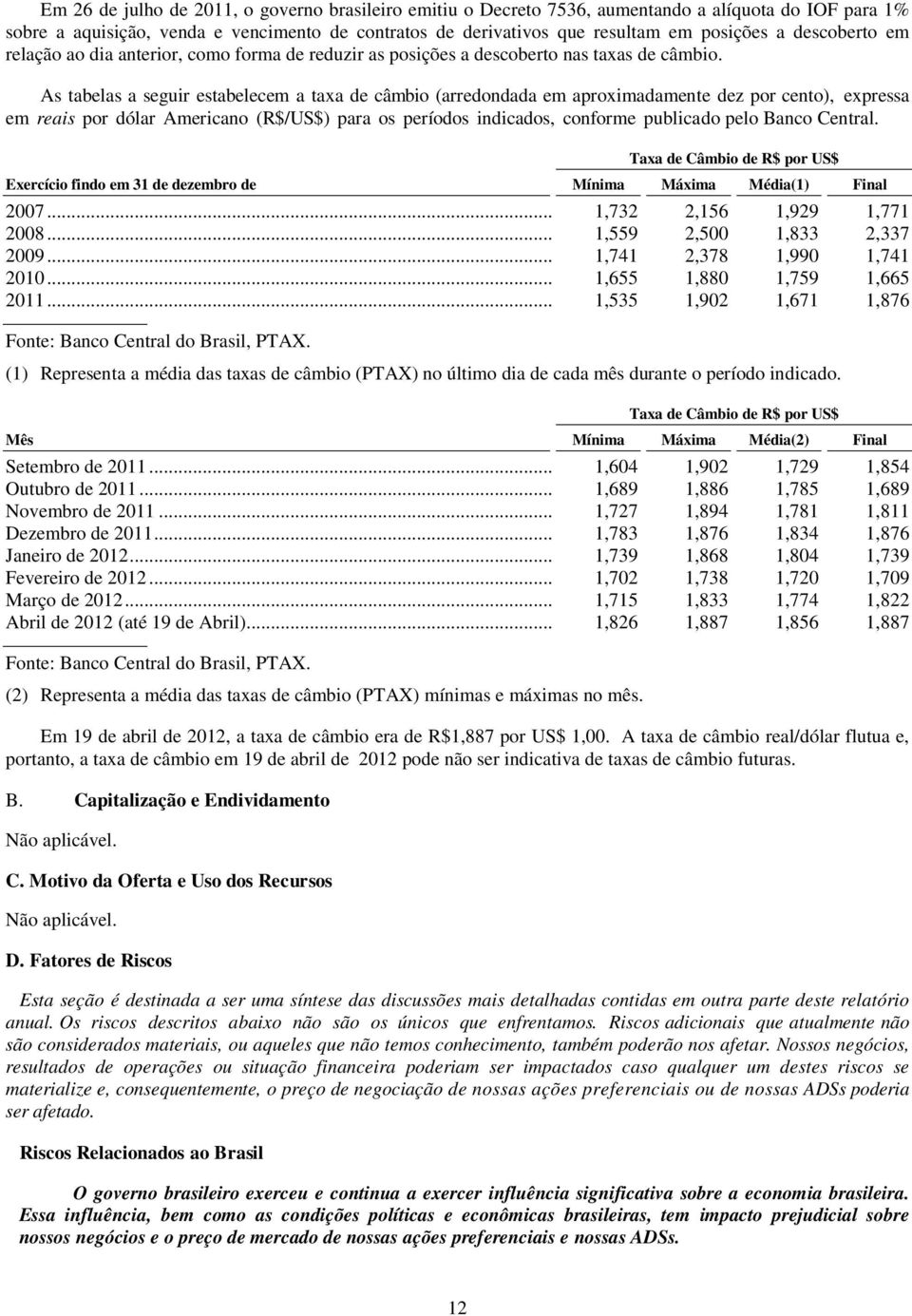 As tabelas a seguir estabelecem a taxa de câmbio (arredondada em aproximadamente dez por cento), expressa em reais por dólar Americano (R$/US$) para os períodos indicados, conforme publicado pelo