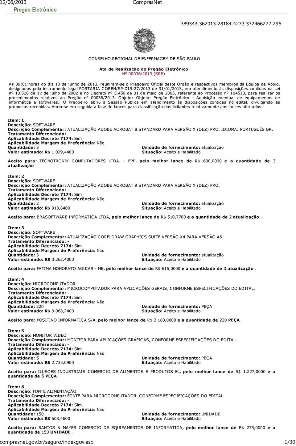 respectivos membros da Equipe de Apoio, designados pelo instrumento legal PORTARIA COREN/SP-DIR-27/2013 de 31/01/2013, em atendimento às disposições contidas na Lei nº 10.