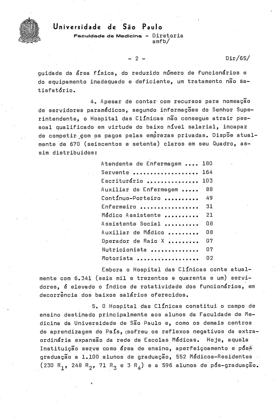 Apesar de contar com recursos para nomeaggo de servidores param4dicos, segundo informagi5es do Senhor Superintendente, o Hospital das Clinicas n go consegue atrair pessoal qualificado em virtude do