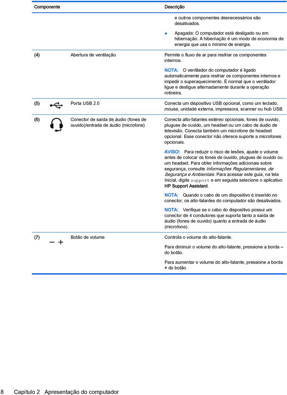 NOTA: O ventilador do computador é ligado automaticamente para resfriar os componentes internos e impedir o superaquecimento.