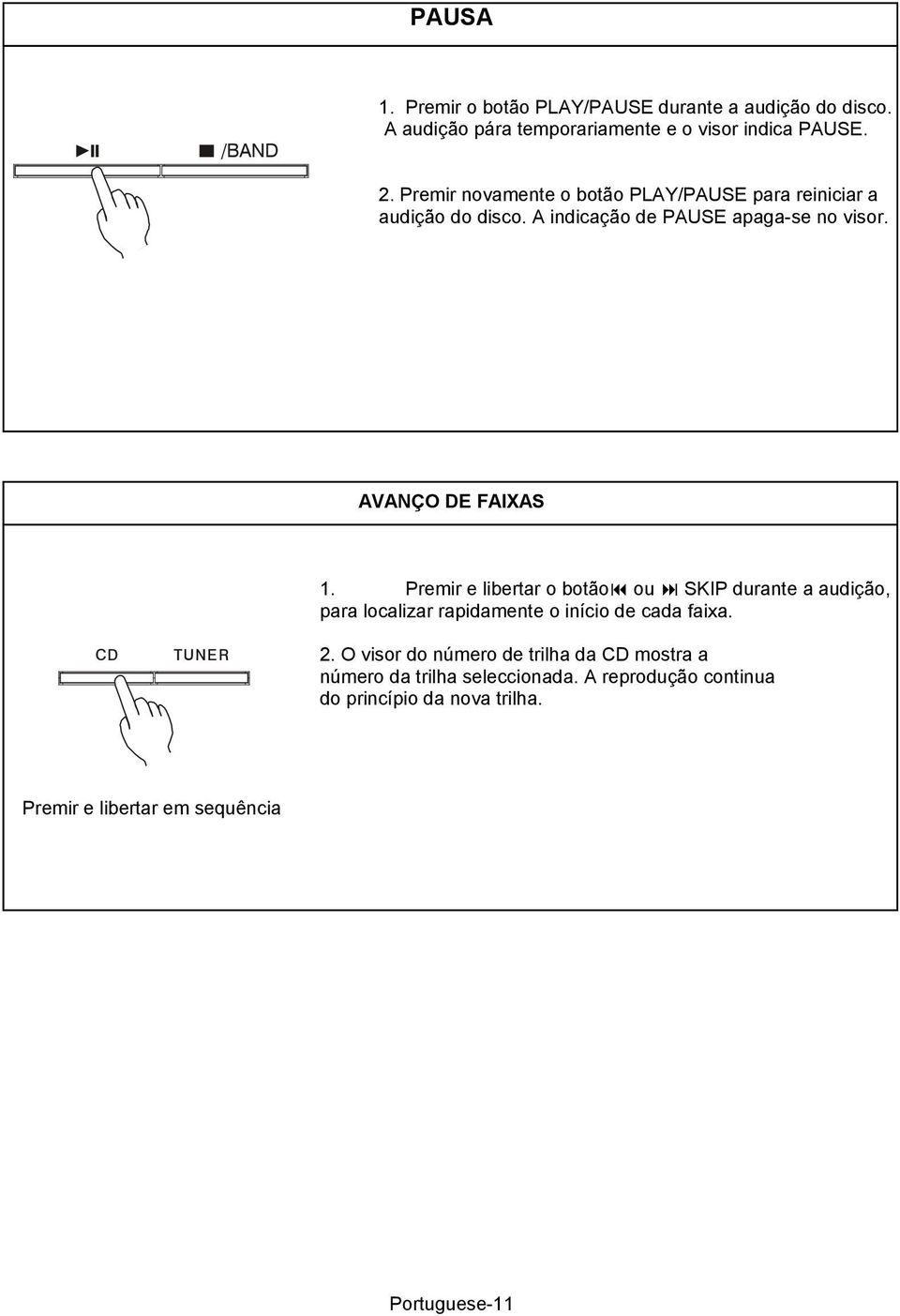 AVANÇO DE FAIXAS CD TUNER 1. Premir e libertar o botão ou SKIP durante a audição, para localizar rapidamente o início de cada faixa. 2.