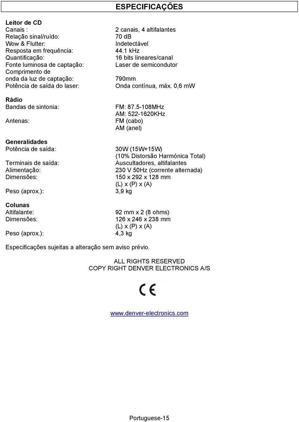 ): 2 canais, 4 altifalantes 70 db Indetectável 44.1 khz 16 bits lineares/canal Laser de semicondutor 790mm Onda contínua, máx. 0,6 mw FM: 87.