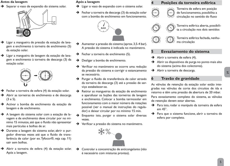 4 Posições da torneira esférica Torneira de esfera em posição de funcionamento, possibilita a circulação no sentido do fluxo 2.