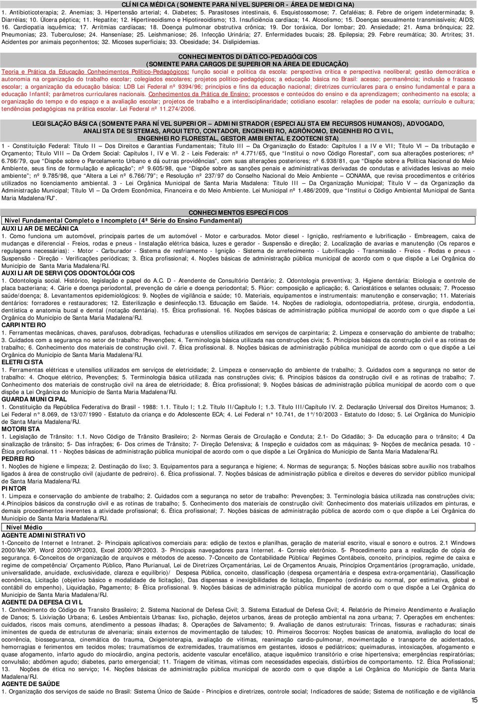 Doenças sexualmente transmissíveis; AIDS; 16. Cardiopatia isquêmica; 17. Arritmias cardíacas; 18. Doença pulmonar obstrutiva crônica; 19. Dor toráxica, Dor lombar; 20. Ansiedade; 21.