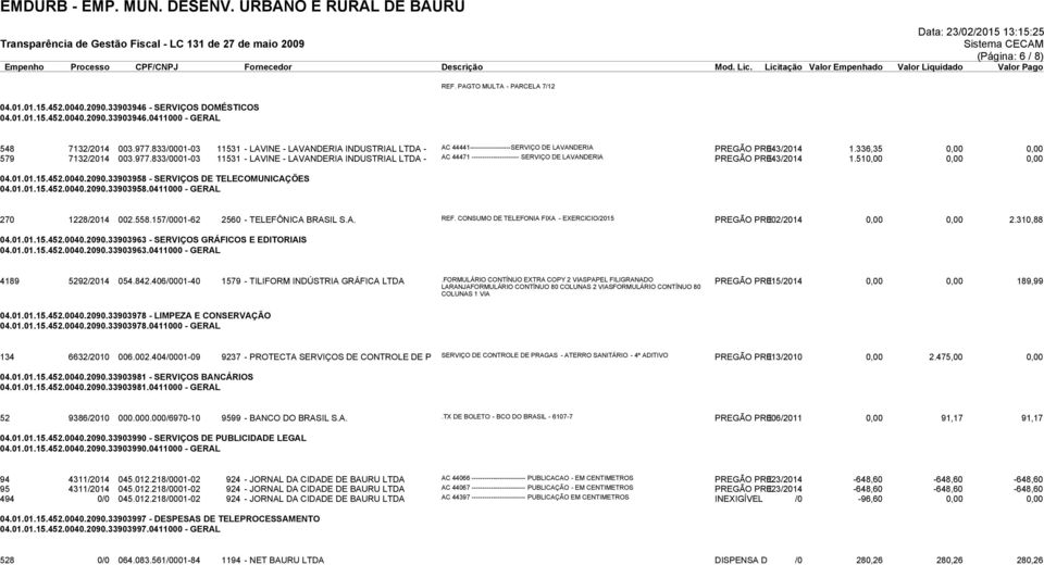 833/0001-03 11531 - LAVINE - LAVANDERIA INDUSTRIAL LTDA - AC 44471 ---------------------- SERVIÇO DE LAVANDERIA PREGÃO PRE043/2014 1.510,00 0,00 0,00 04.01.01.15.452.0040.2090.