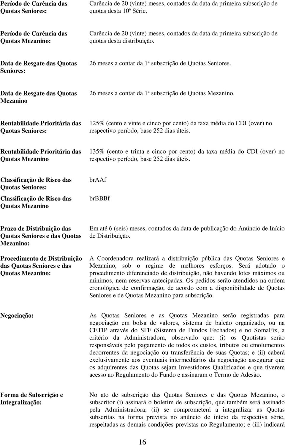 Data de Resgate das Quotas Seniores: 26 meses a contar da 1ª subscrição de Quotas Seniores. Data de Resgate das Quotas Mezanino 26 meses a contar da 1ª subscrição de Quotas Mezanino.