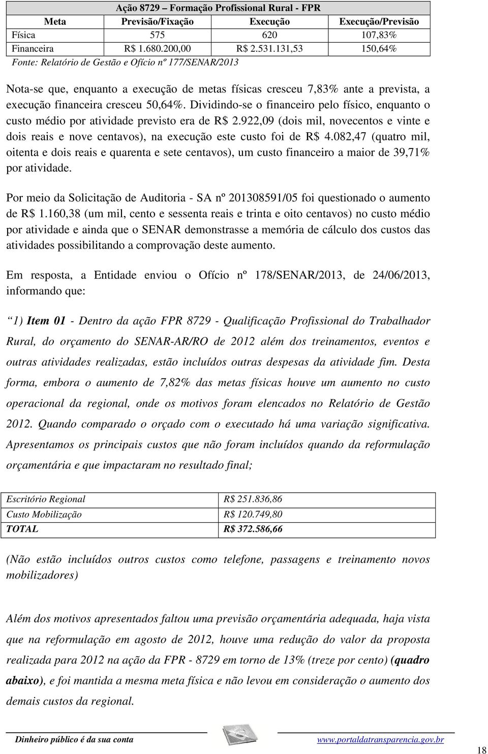 Dividindo-se o financeiro pelo físico, enquanto o custo médio por atividade previsto era de R$ 2.922,09 (dois mil, novecentos e vinte e dois reais e nove centavos), na execução este custo foi de R$ 4.