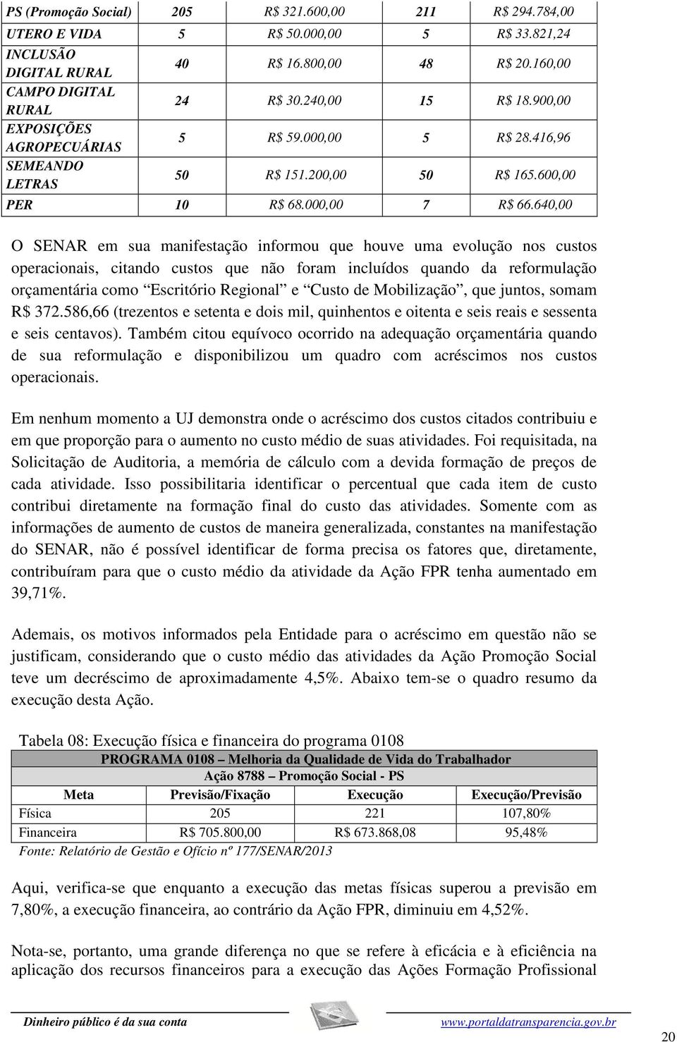 640,00 O SENAR em sua manifestação informou que houve uma evolução nos custos operacionais, citando custos que não foram incluídos quando da reformulação orçamentária como Escritório Regional e Custo