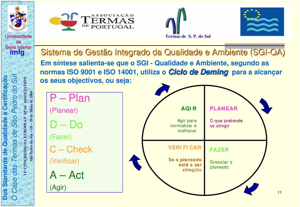 objectivos, ou seja: P Plan (Planear) D Do (Fazer) C Check (Verificar) A Act (Agir) AGIR Agir para