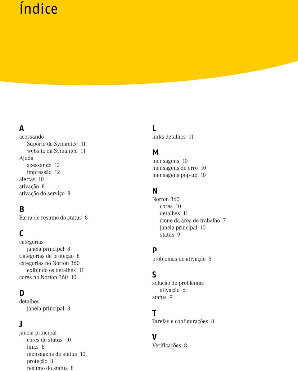 cores de status 10 links 8 mensagens de status 10 proteção 8 resumo do status 8 L links detalhes 11 M mensagens 10 mensagens de erro 10 mensagens pop-up 10 N Norton 360 cores 10