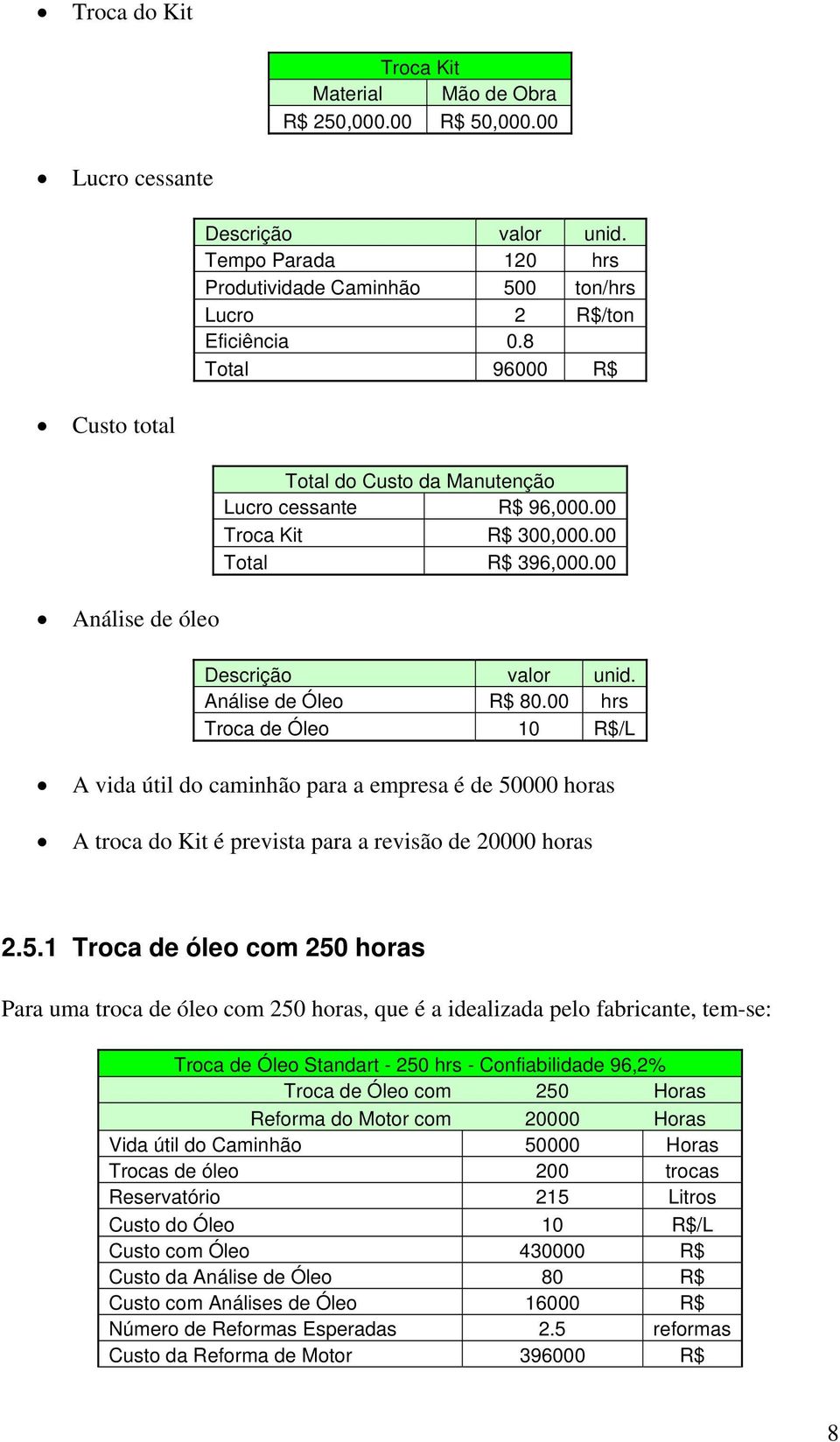 00 Descrição valor unid. Análise de Óleo R$ 80.00 hrs Troca de Óleo 10 R$/L A vida útil do caminhão para a empresa é de 50