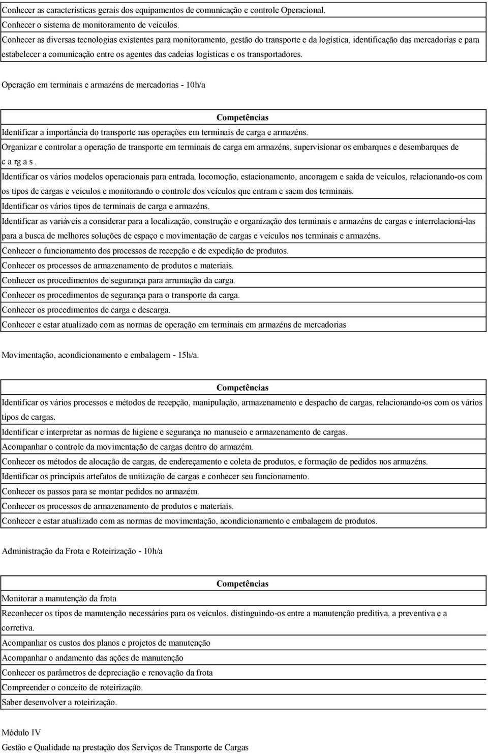 logísticas e os transportadores. Operação em terminais e armazéns de mercadorias - 10h/a Identificar a importância do transporte nas operações em terminais de carga e armazéns.