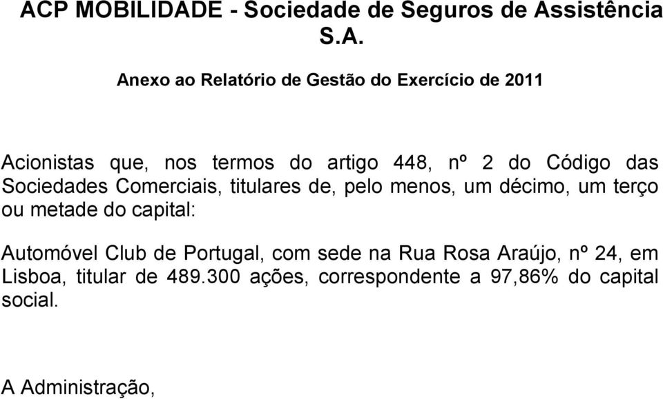 pelo menos, um décimo, um terço ou metade do capital: Automóvel Club de Portugal, com sede na Rua Rosa