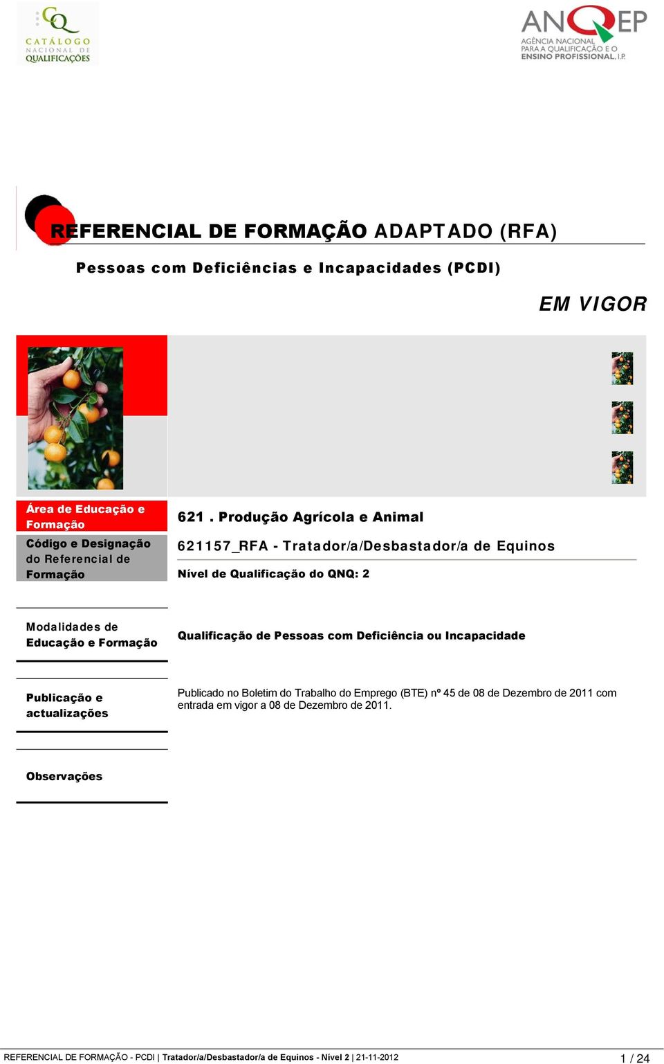 Produção Agrícola e Animal 621157_RFA - Tratador/a/Desbastador/a de Equinos Nível de Qualificação do QNQ: 2 Modalidades de Educação e Formação Qualificação de