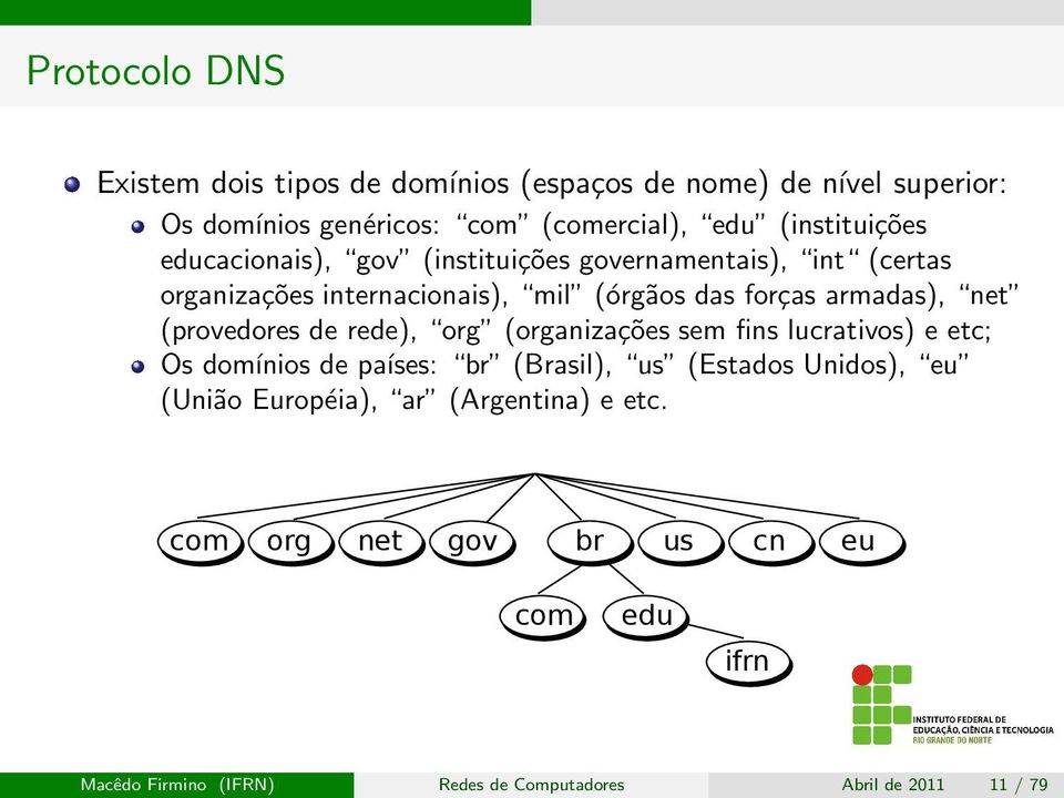 armadas), net (provedores de rede), org (organizações sem fins lucrativos) e etc; Os domínios de países: br (Brasil), us (Estados