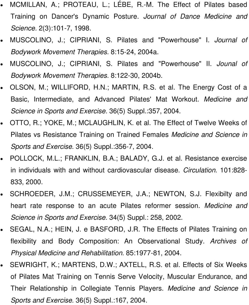 OLSON, M.; WILLIFORD, H.N.; MARTIN, R.S. et al. The Energy Cost of a Basic, Intermediate, and Advanced Pilates' Mat Workout. Medicine and Science in Sports and Exercise. 36(5) Suppl.:357, 2004.