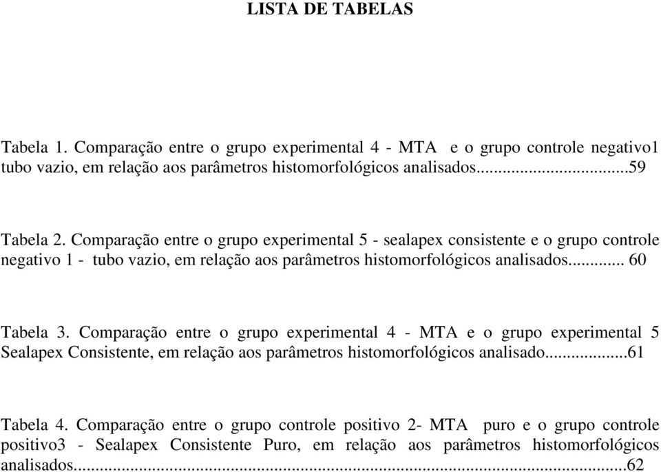 Comparação entre o grupo experimental 5 - sealapex consistente e o grupo controle negativo 1 - tubo vazio, em relação aos parâmetros histomorfológicos analisados.