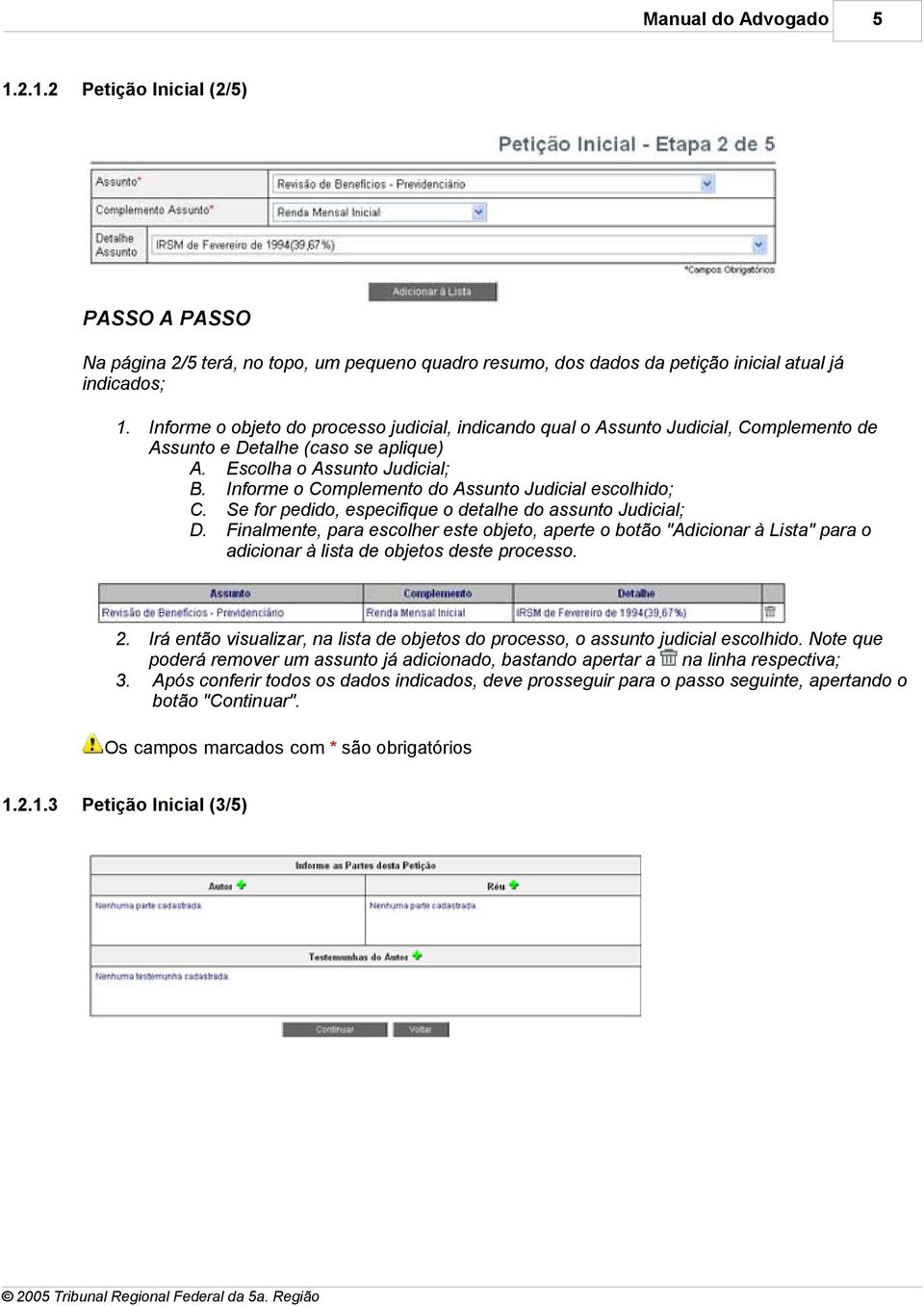 Informe o Complemento do Assunto Judicial escolhido; C. Se for pedido, especifique o detalhe do assunto Judicial; D.