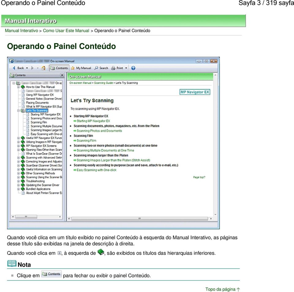 Manual Interativo, as páginas desse título são exibidas na janela de descrição à direita.