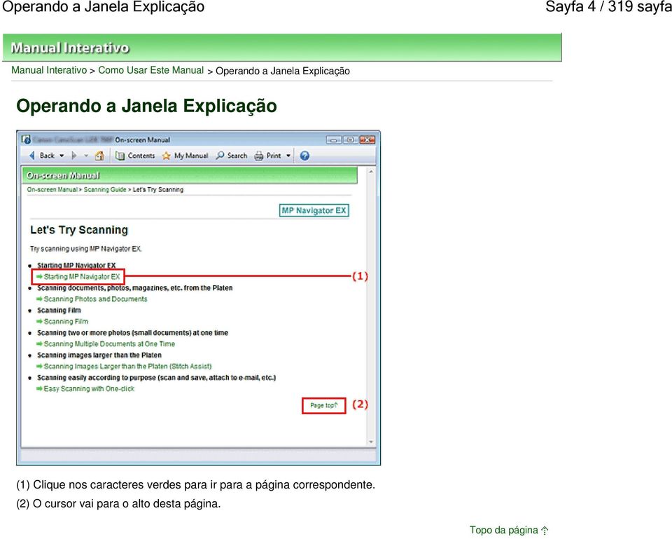 Operando a Janela Explicação (1) Clique nos caracteres verdes