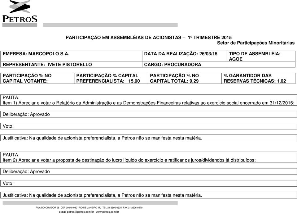 Administração e as Demonstrações Financeiras relativas ao exercício social encerrado em 31/12/2015; Voto: Justificativa: Na qualidade de acionista preferencialista, a Petros não se manifesta nesta