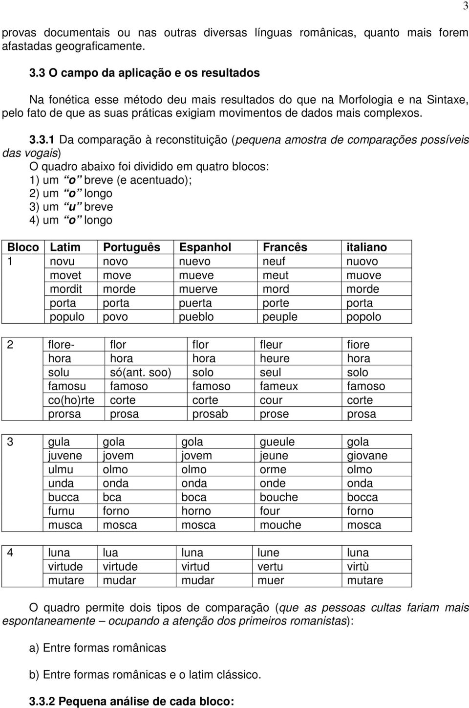 3.3.1 Da comparação à reconstituição (pequena amostra de comparações possíveis das vogais) O quadro abaixo foi dividido em quatro blocos: 1) um breve (e acentuado); 2) um longo 3) um u breve 4) um