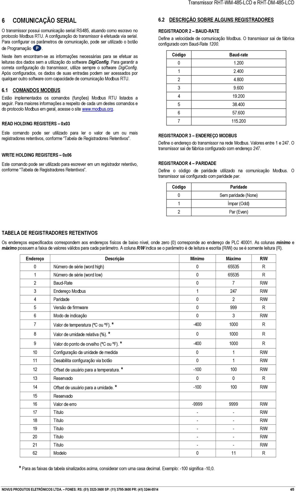 Neste item encontram-se as informações necessárias para se efetuar as leituras dos dados sem a utilização do software DigiConfig.