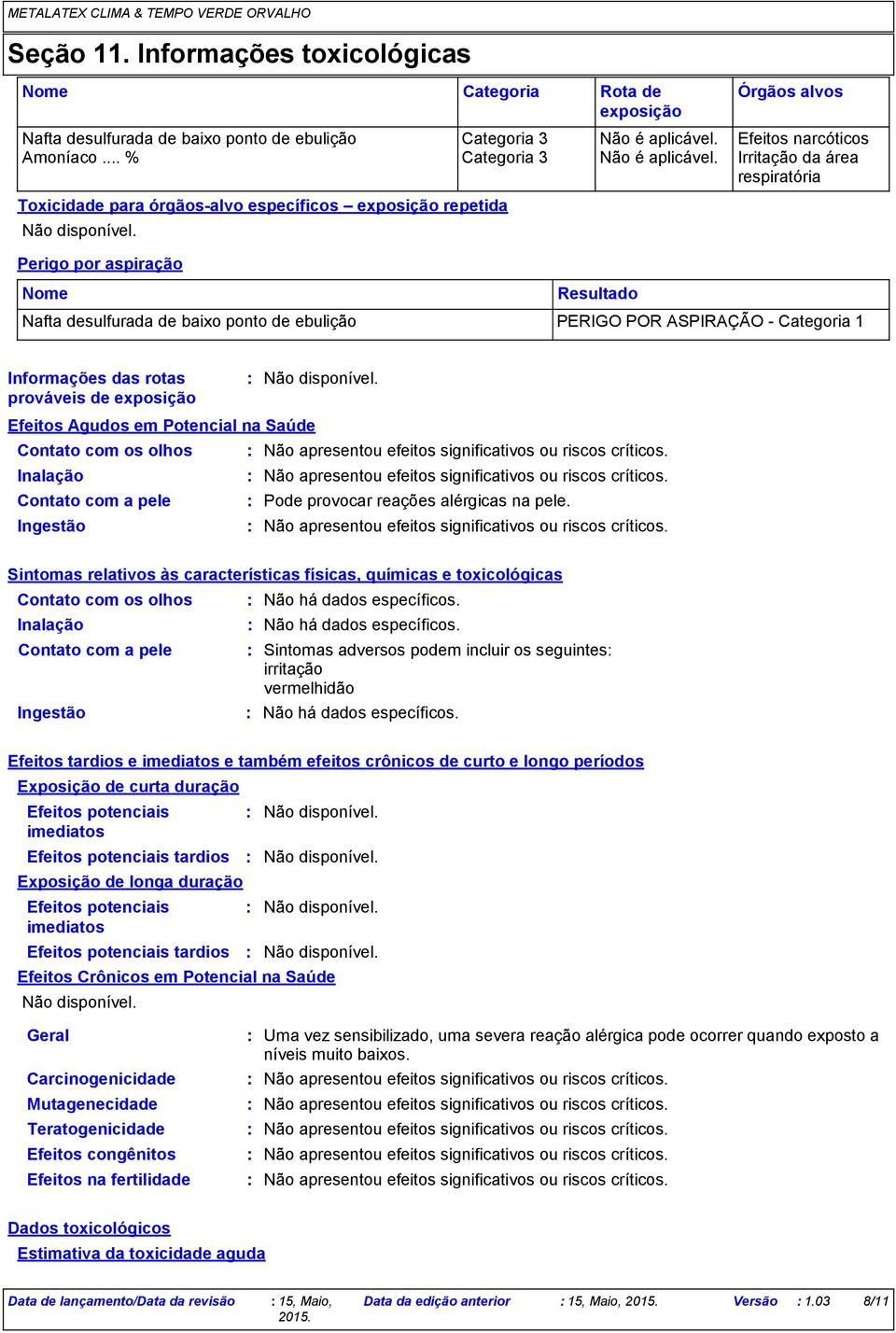 de ebulição PERIGO POR ASPIRAÇÃO - Categoria 1 Informações das rotas prováveis de exposição Efeitos Agudos em Potencial na Saúde Contato com os olhos Não apresentou efeitos significativos ou riscos