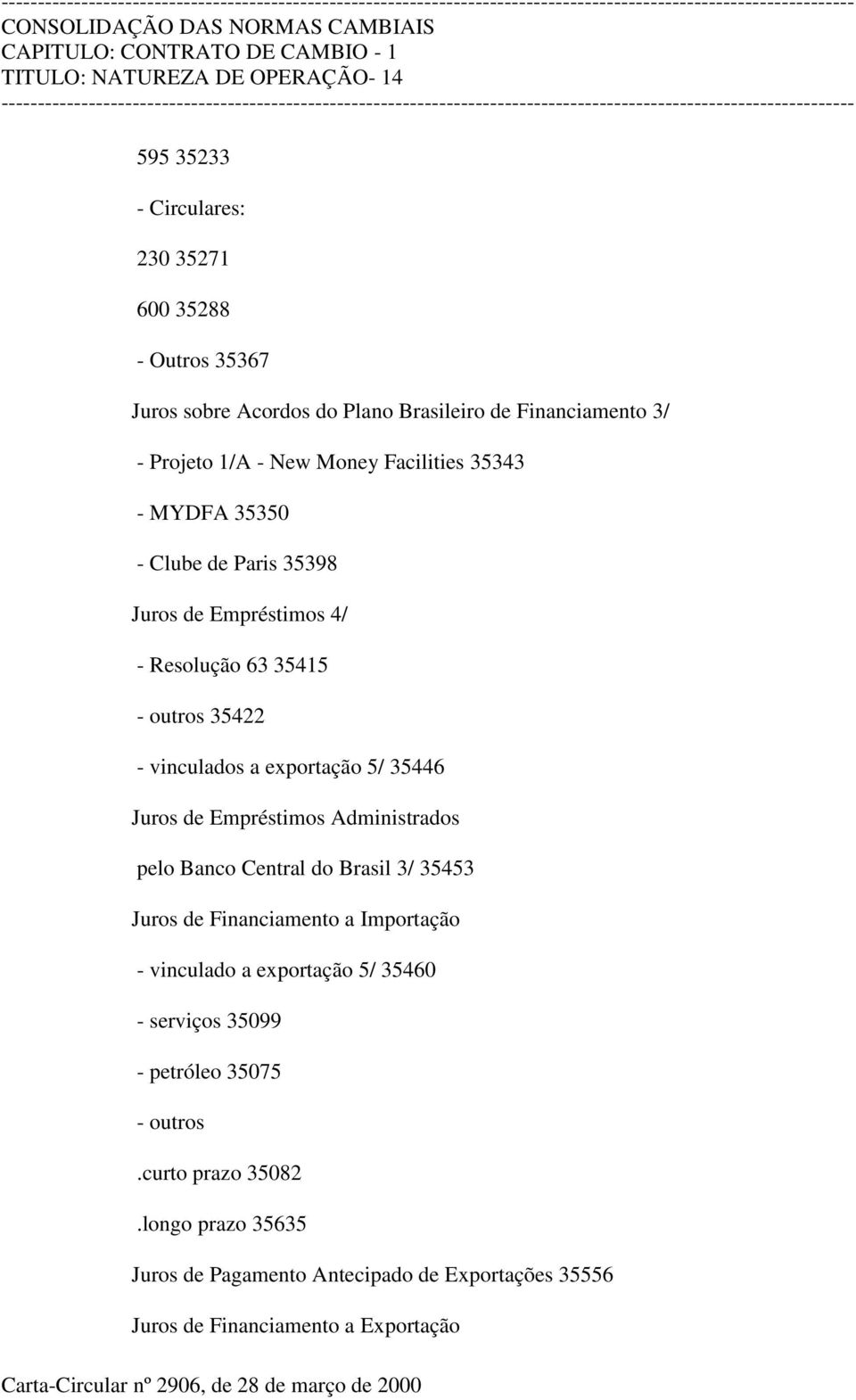 Juros de Empréstimos Administrados pelo Banco Central do Brasil 3/ 35453 Juros de Financiamento a Importação - vinculado a exportação 5/ 35460 -