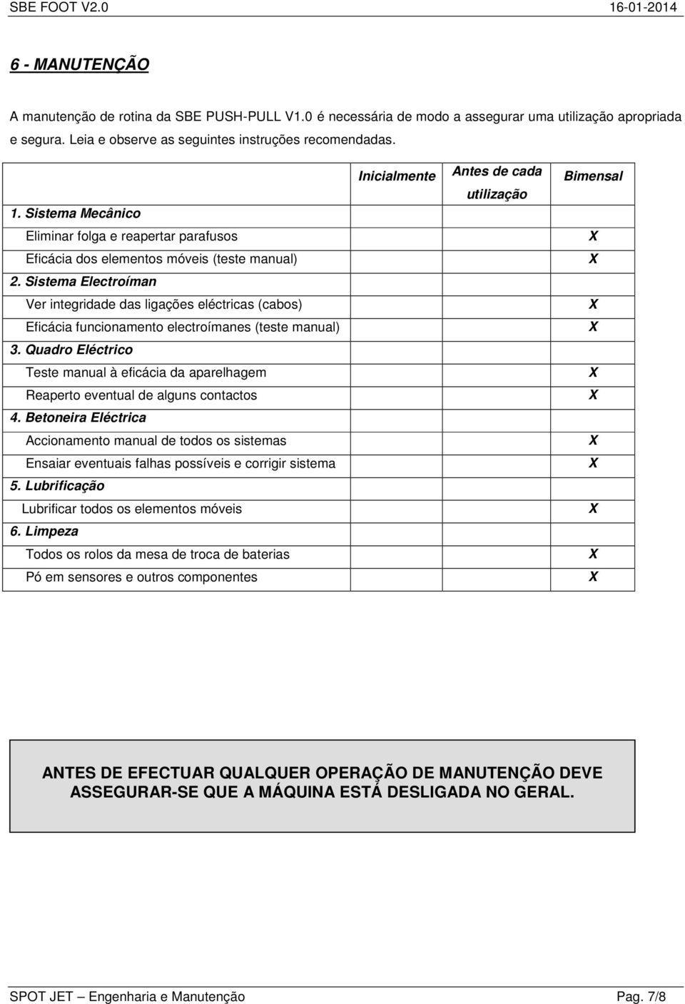 Sistema Electroíman Ver integridade das ligações eléctricas (cabos) Eficácia funcionamento electroímanes (teste manual) 3.