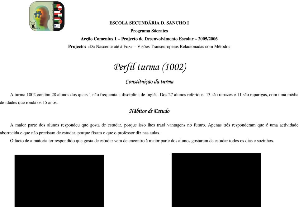 turma A turma 1 contém alunos dos quais 1 não frequenta a disciplina de Inglês. Dos 7 alunos referidos, 13 são rapazes e 11 são raparigas, com uma média de idades que ronda os 15 anos.